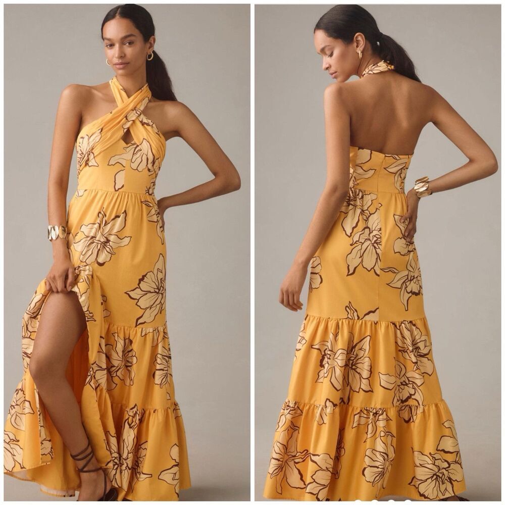 Anthropologie Hutch Floral Halter Maxi Dress Maize Yellow Size 0 Cotton New